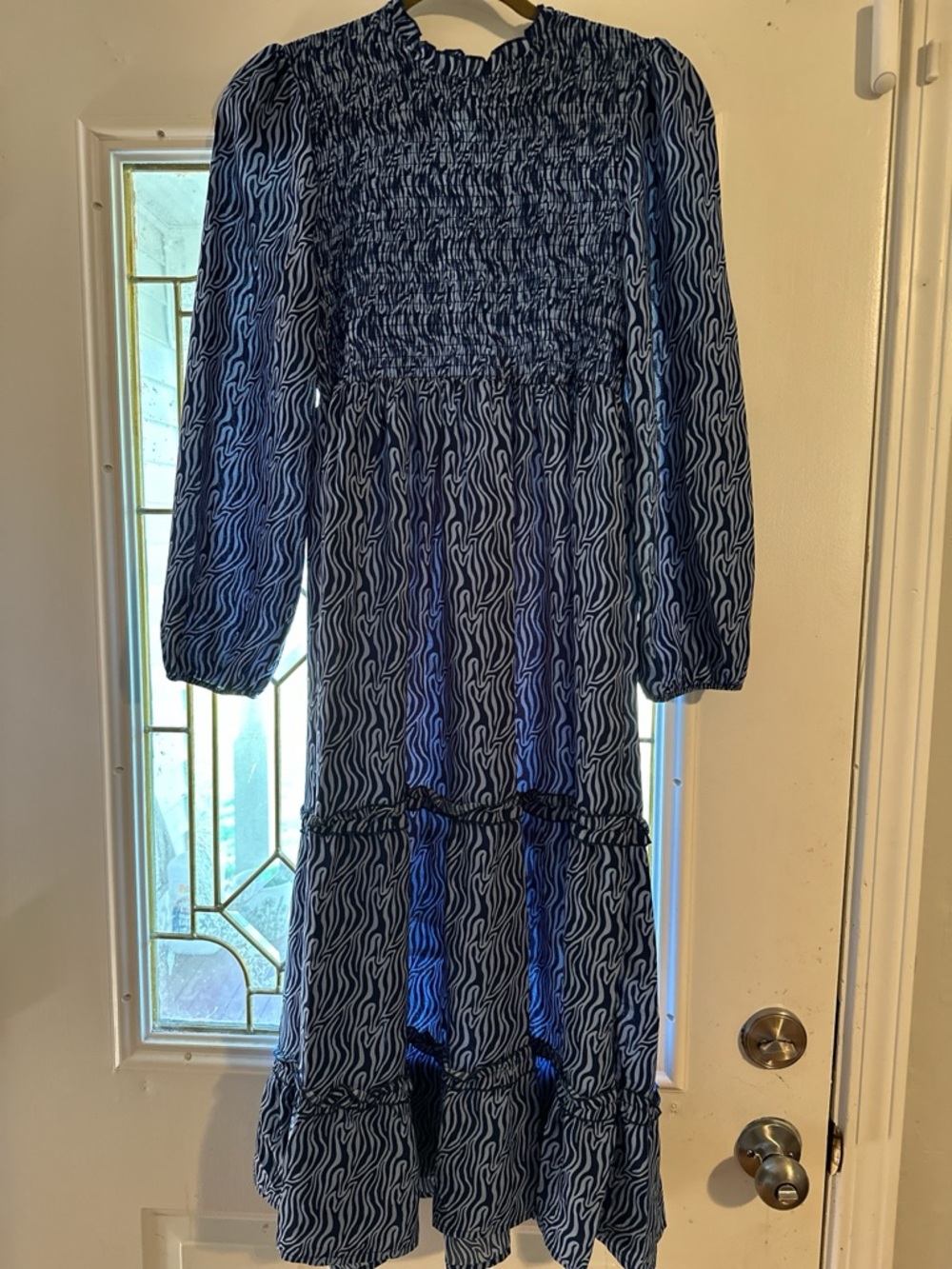 Blue and White Smocked Long Sleeve Midi Dress